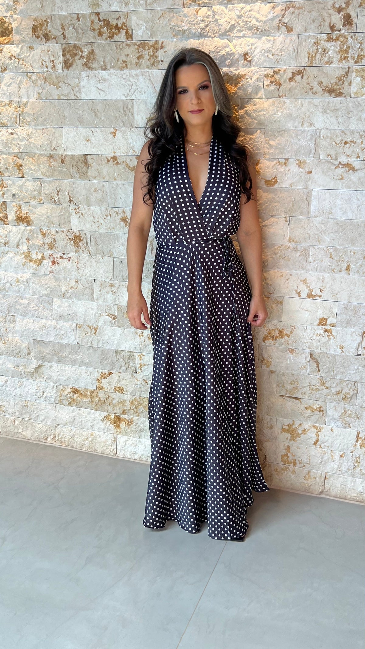 Vestido Longo Frente Única Poá- Preto 5909