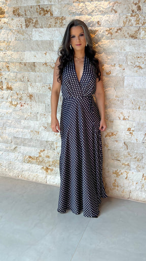 Vestido Longo Frente Única Poá- Preto 5909