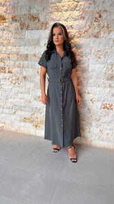Vestido Midi Utilitário Cinto Bolso PIS -Cinza 5594