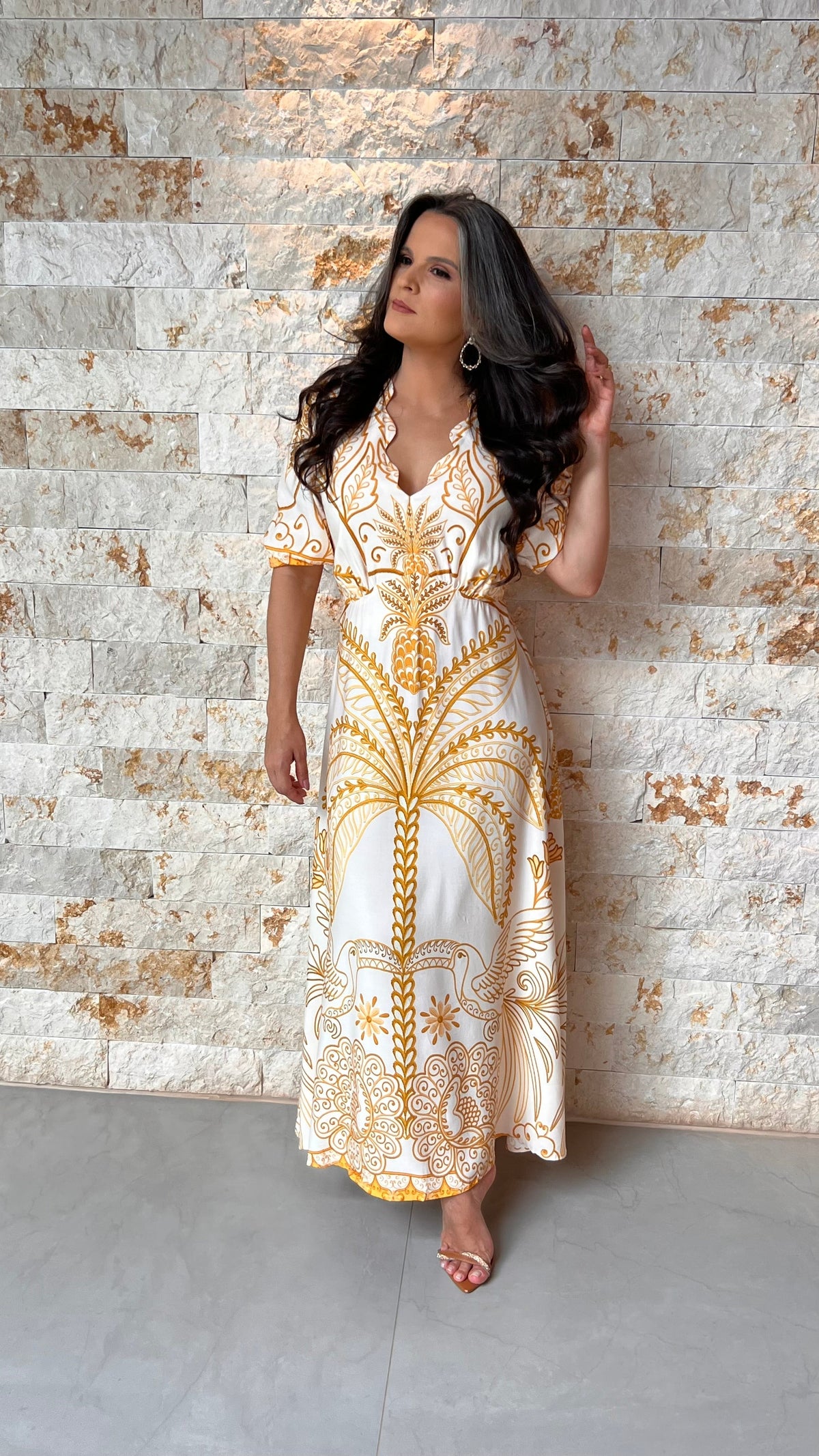 Vestido Longo Dec Azulejo POLI- Estampado Amarelo 6034