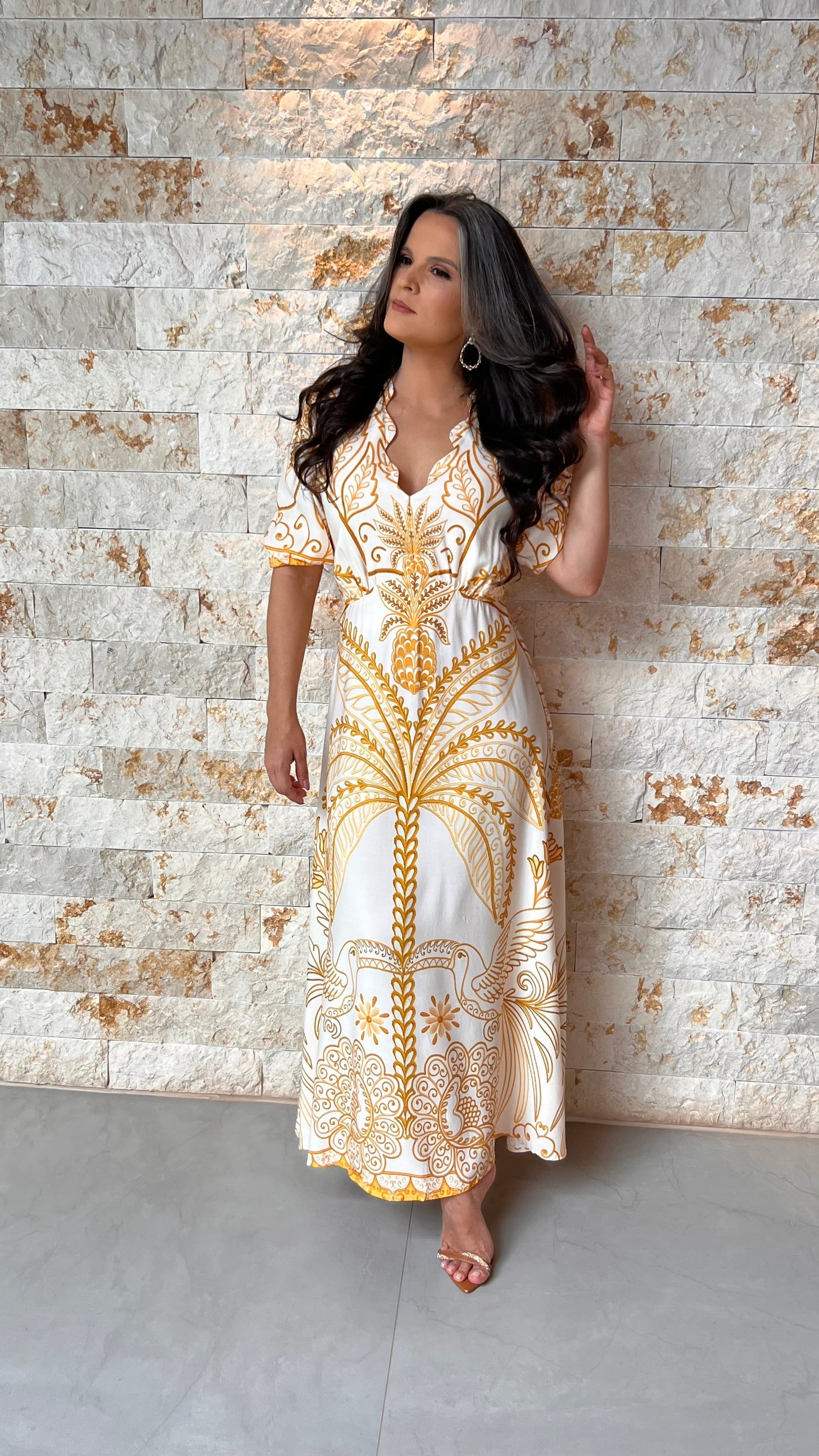 Vestido Longo Dec Azulejo POLI- Estampado Amarelo 6034