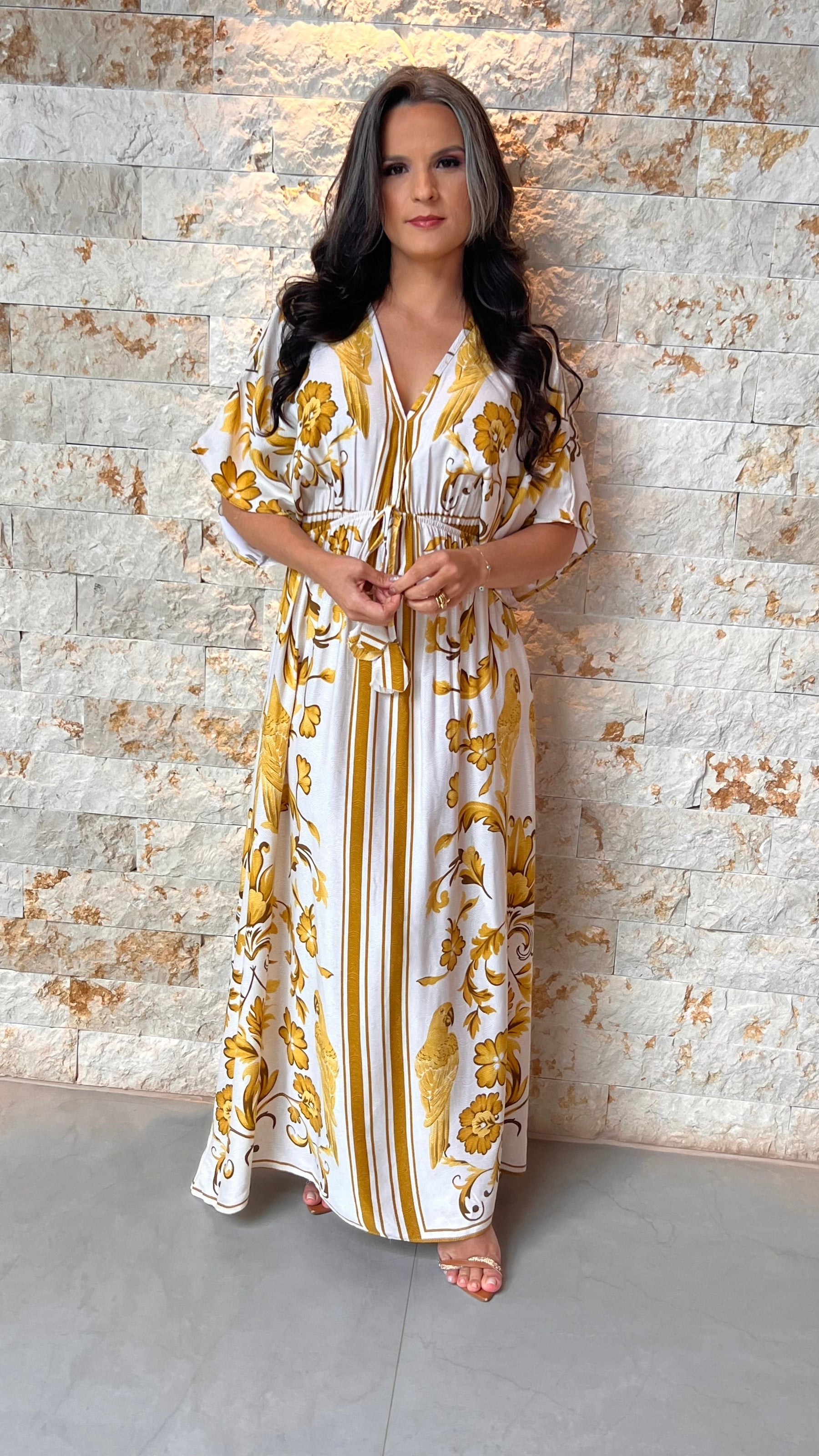 Vestido Longo Manga Solta POLI- Estampado Amarelo 5978