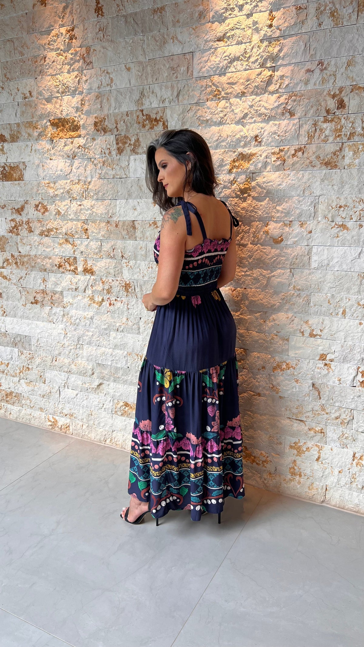 Vestido Midi Lastex Amarração Ombro PIS- Estampado 6001