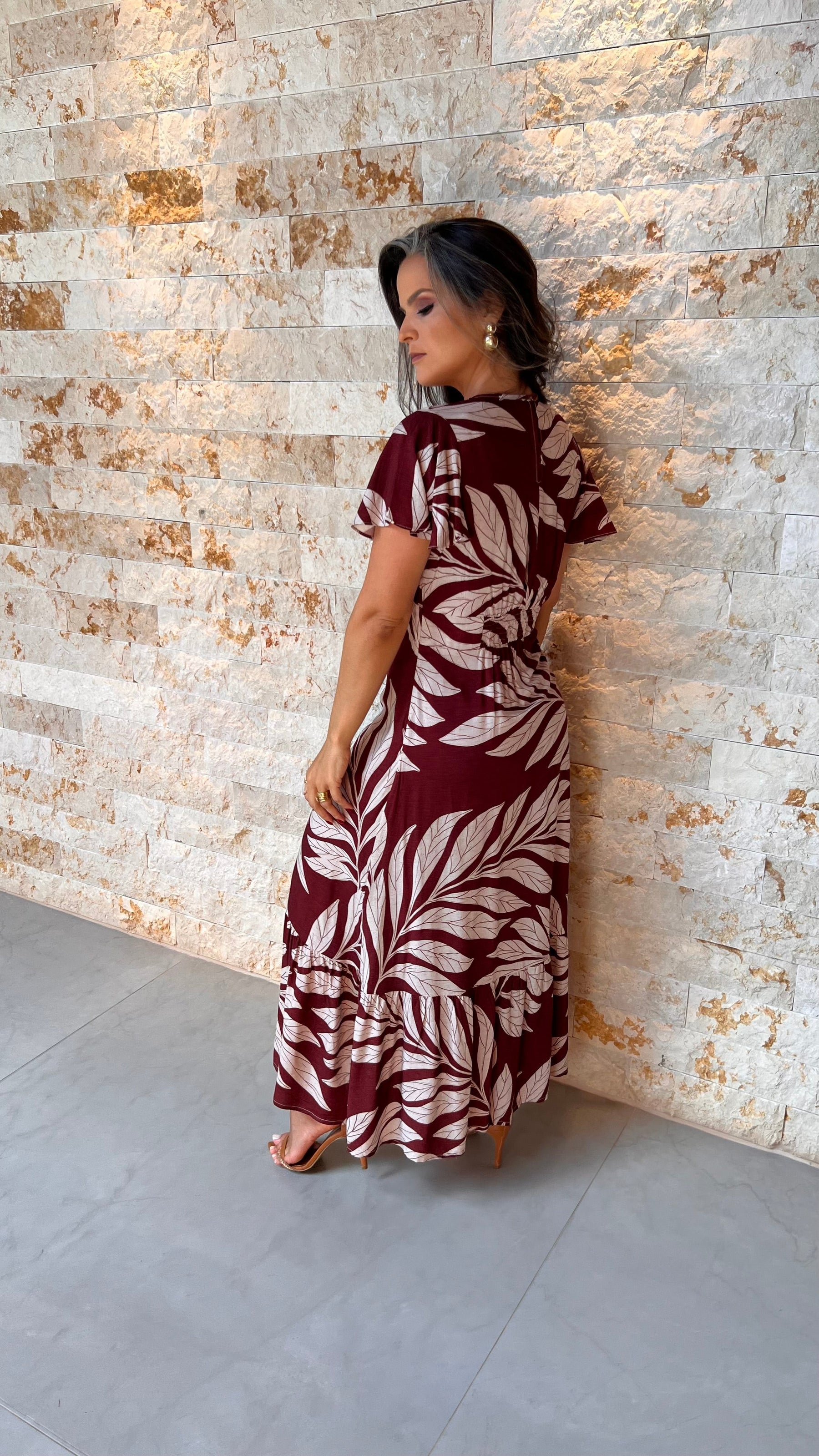 Vestido Midi Fundo Vinho PIS- Estampdo 5640