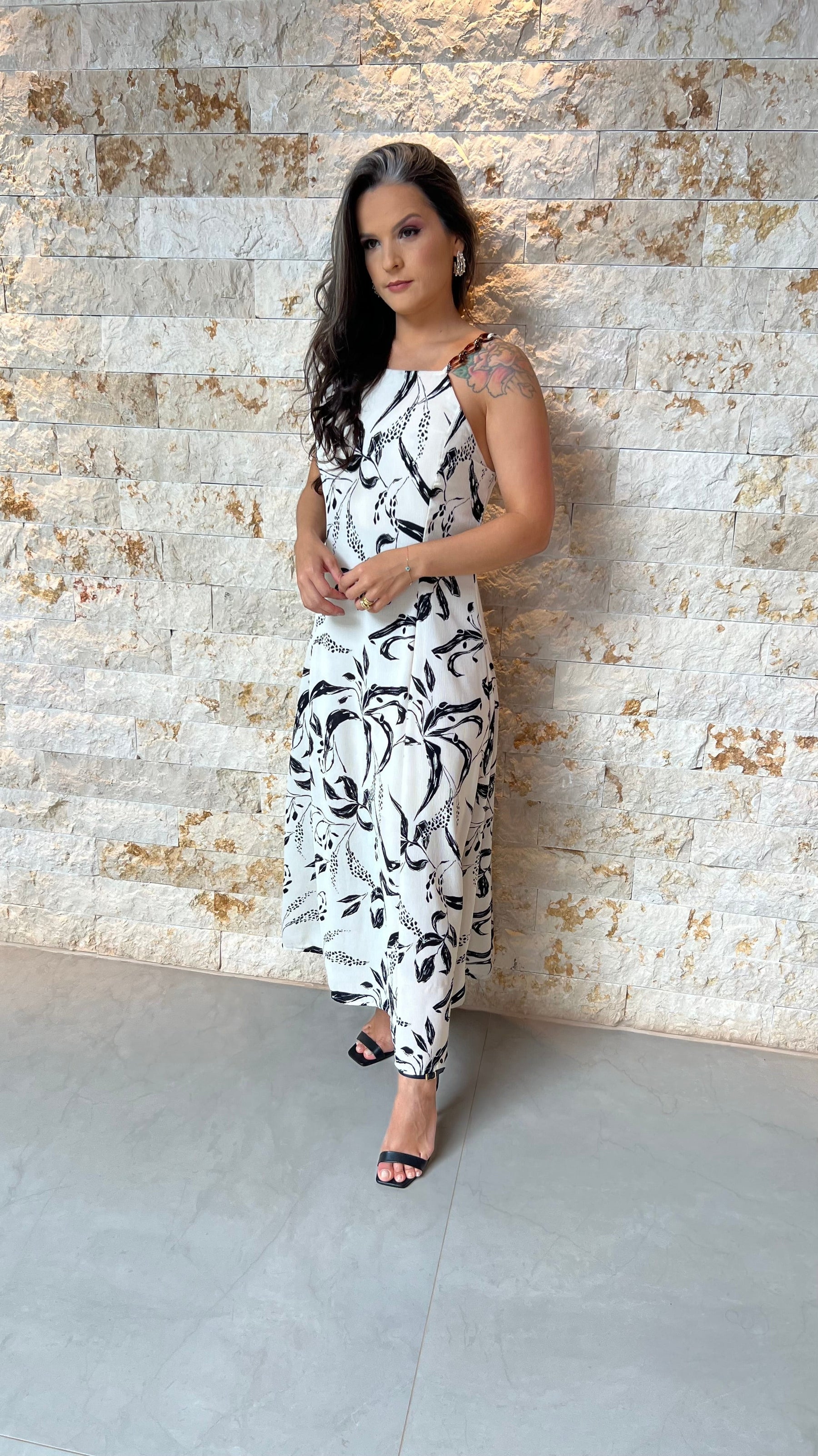 Vestido Midi Alça Fivela ALO- Estampado Branco 5928