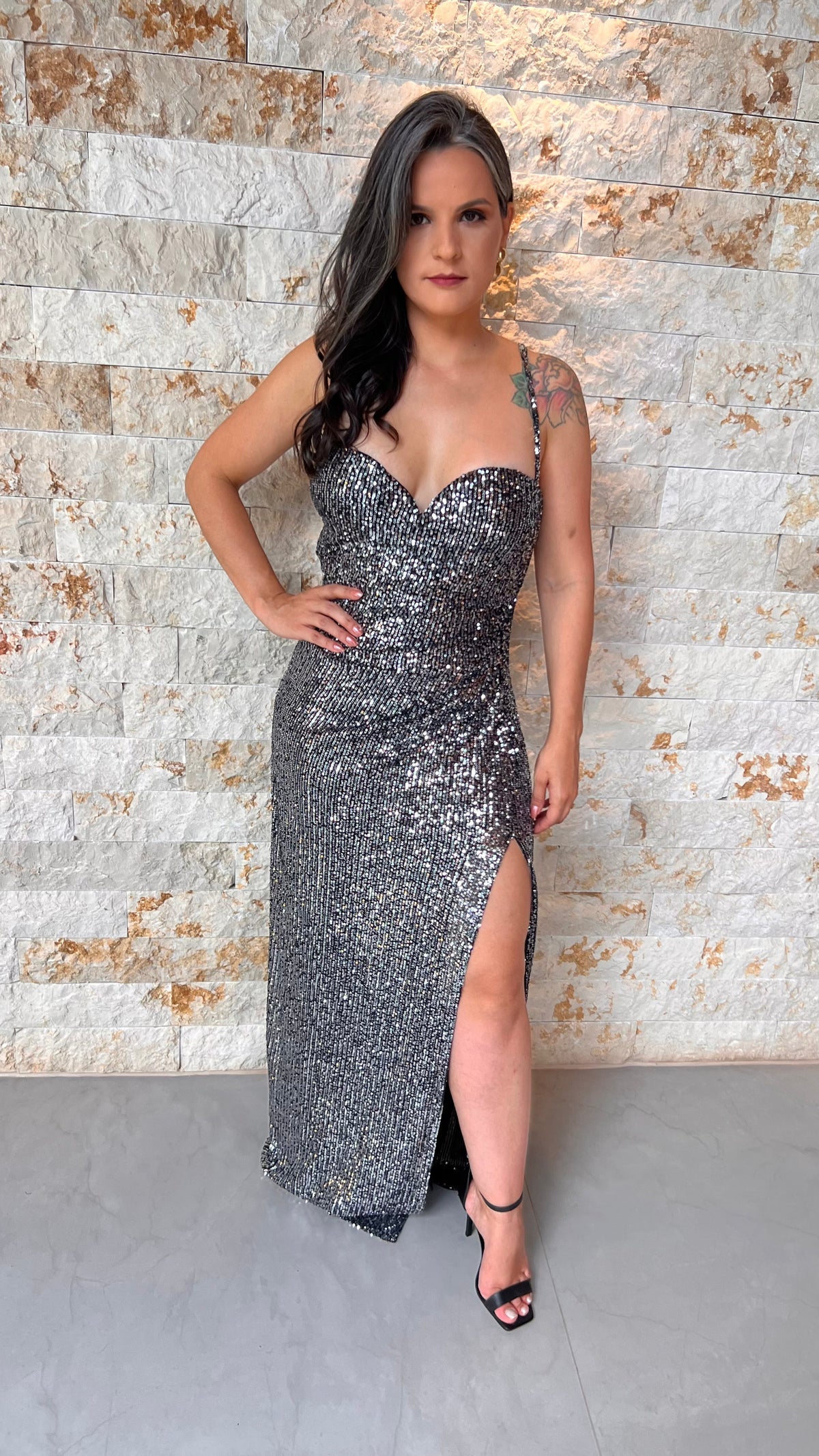 Vestido Longo Paete Alças Finas Fenda - Prata 4226