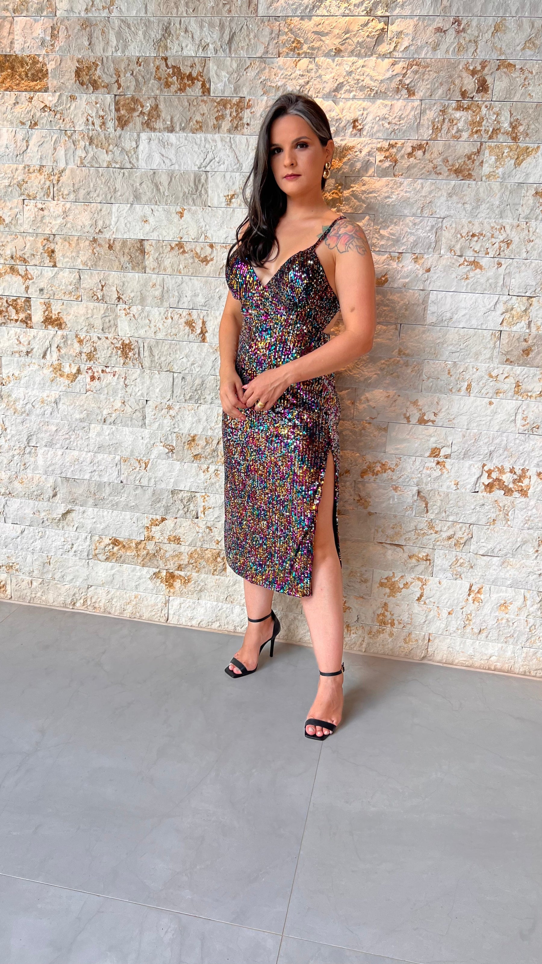 Vestido Midi Paete Furta Cor - Preto 4944