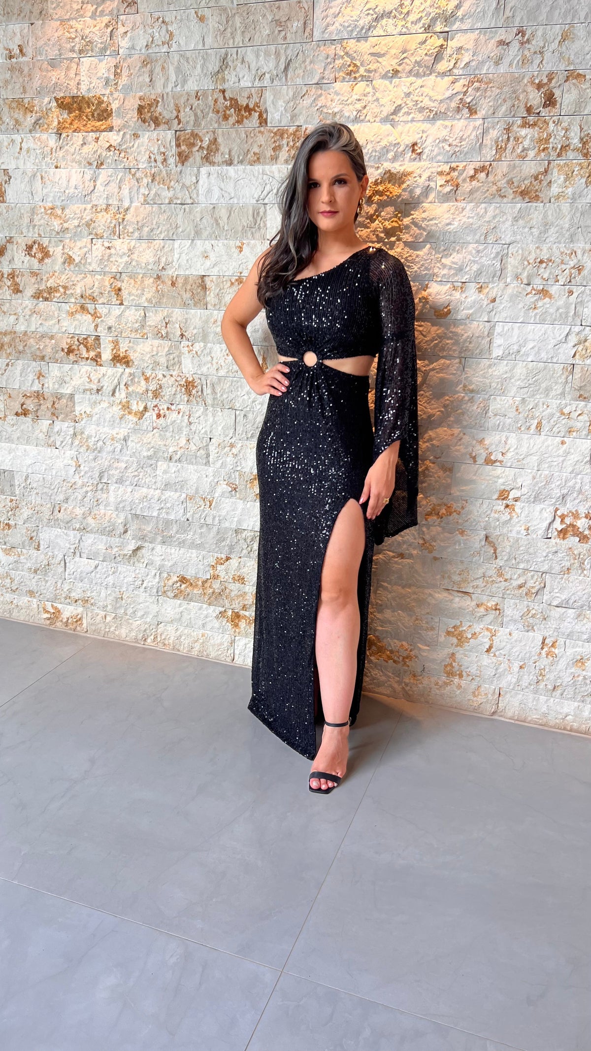 Vestido Longo Paete Nula Manga Fenda - Preto 4259