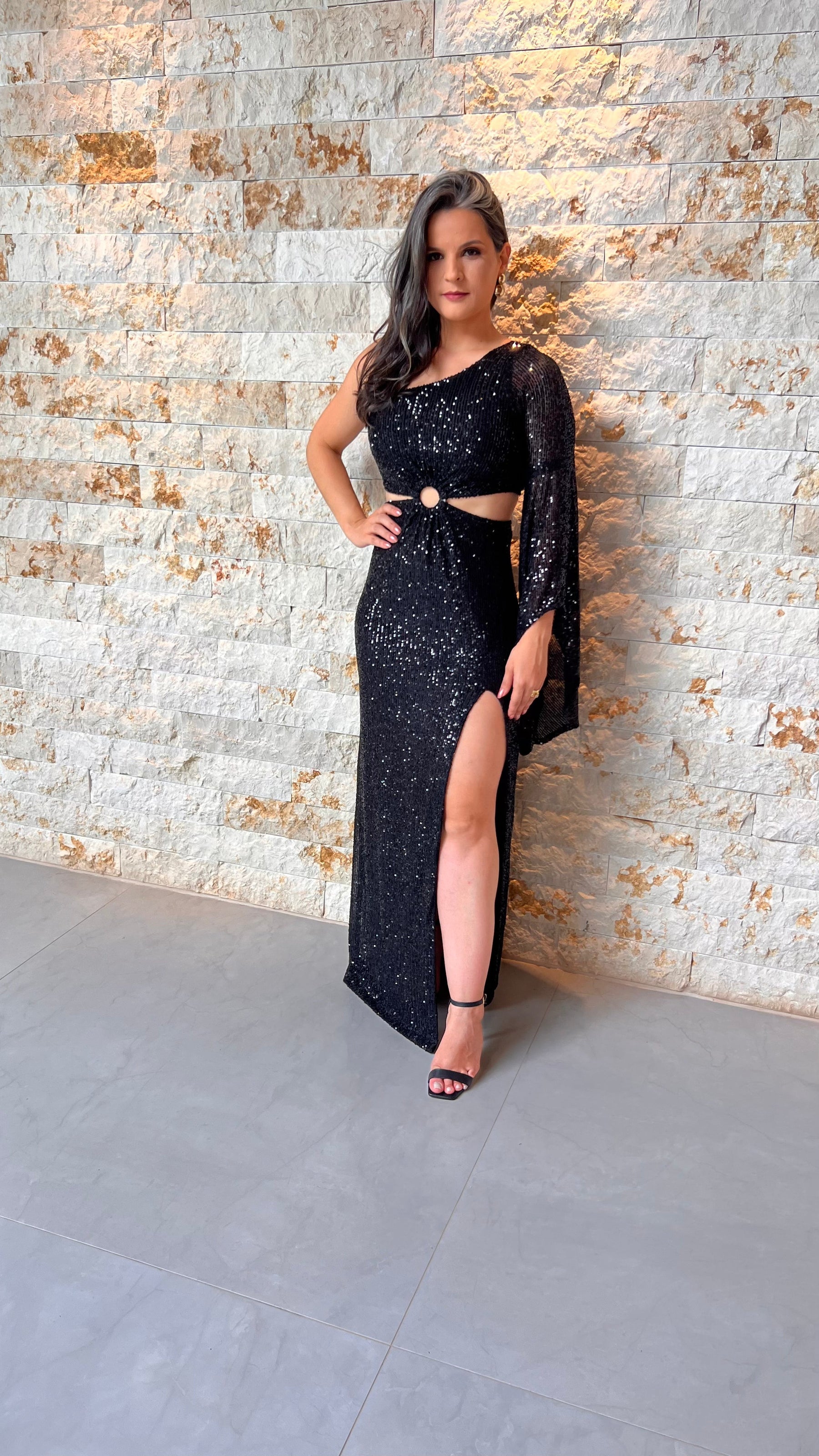 Vestido Longo Paete Nula Manga Fenda - Preto 4259