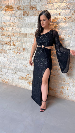 Vestido Longo Paete Nula Manga Fenda - Preto 4259