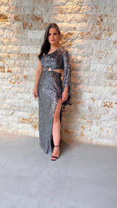 Vestido Longo Paete Nula Manga Fenda - Prata 4259