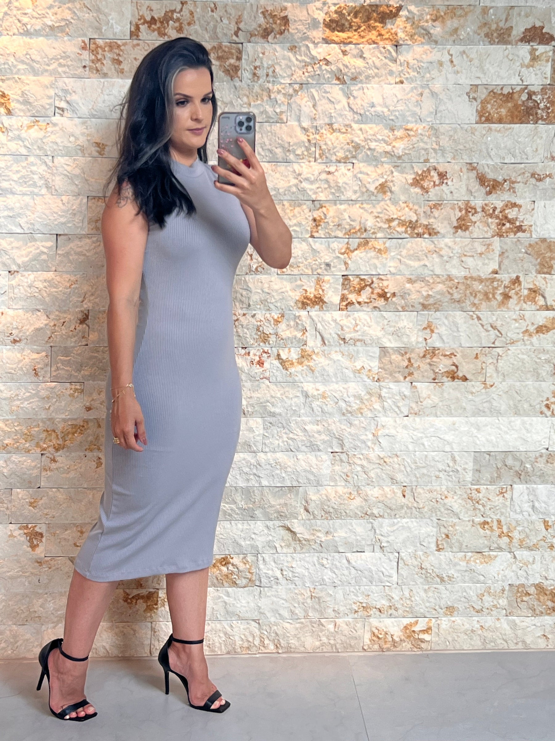 Vestido Midi Canelado Gola Alta -  Cinza 5112