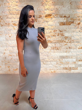 Vestido Midi Canelado Gola Alta -  Cinza 5112