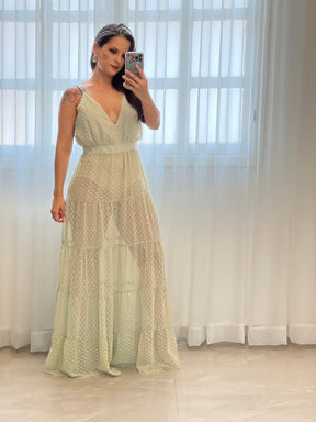 Vestido Longo Hot Pants Decote V - Liso  Verde Claro 3755