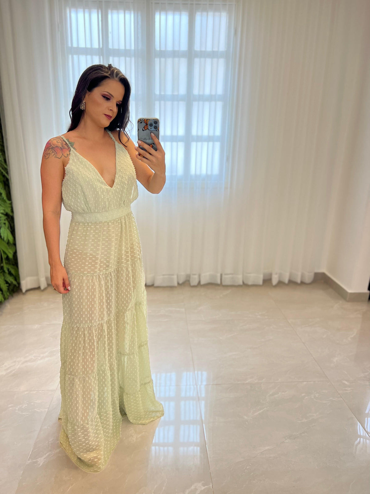 Vestido Longo Hot Pants Decote V - Liso  Verde Claro 3755