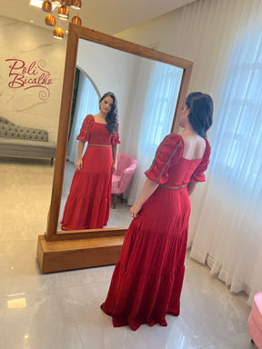 Vestido Longo Lastex Busto Manga Princesa - Liso Vermelho 4367