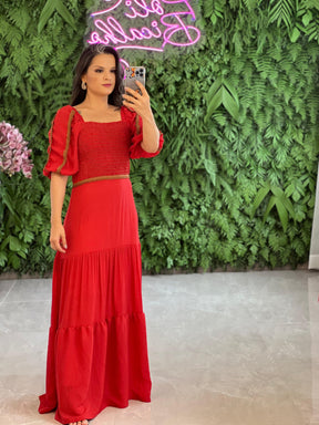 Vestido Longo Lastex Busto Manga Princesa - Liso Vermelho 4367