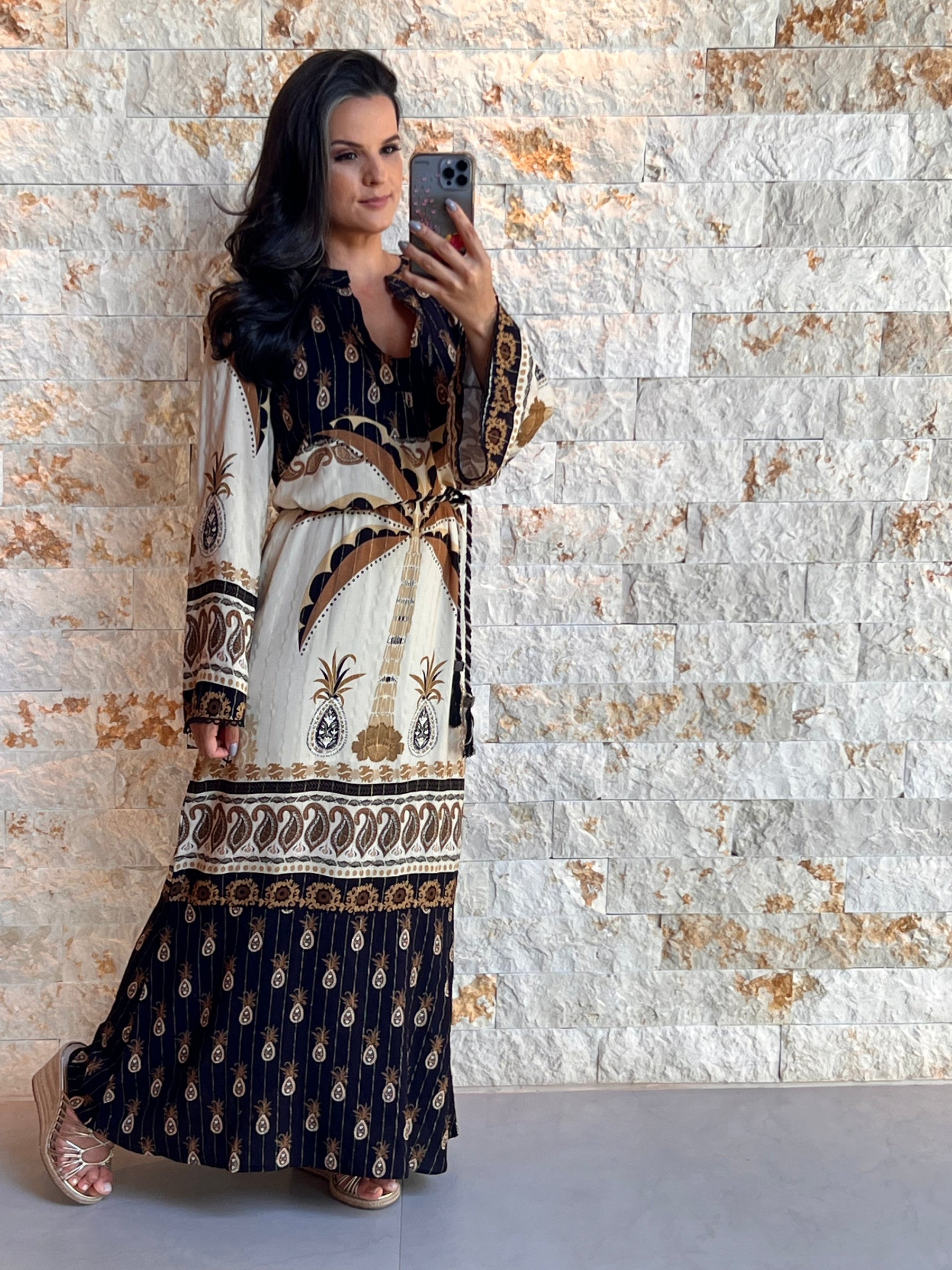 Vestido Longo Manga Longa Flare ARTE- Estampado 5157