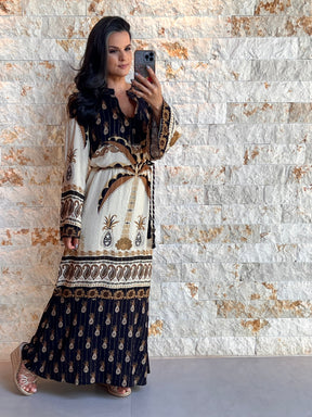 Vestido Longo Manga Longa Flare ARTE- Estampado 5157