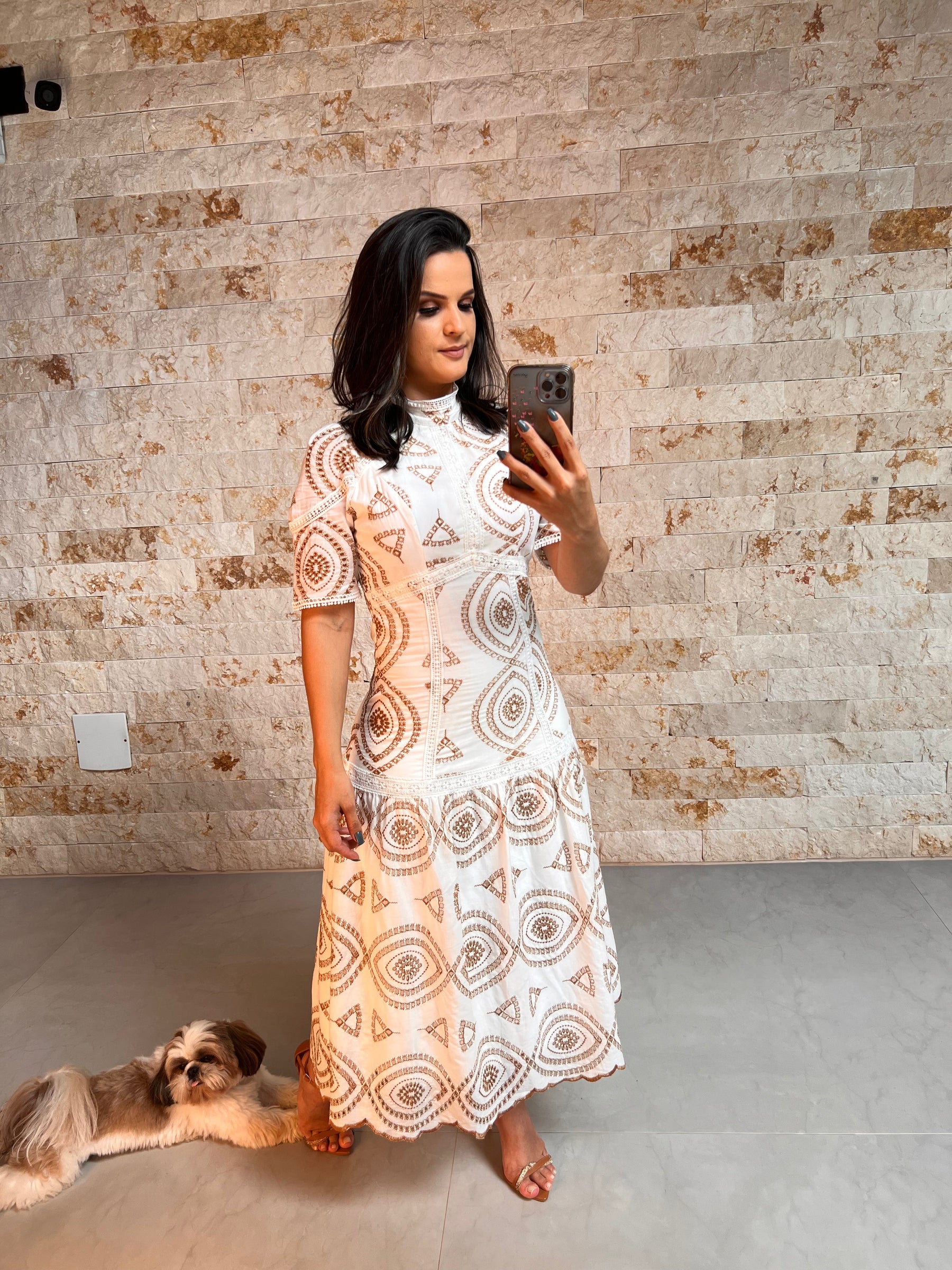 Vestido Midi Lesie Com Guipir - Off White/ Branco 5178