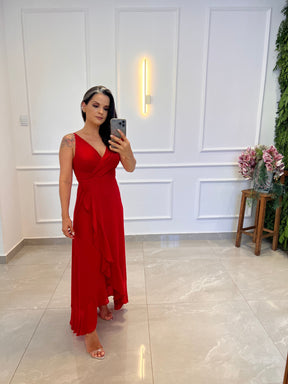 Vestido Longo Mullet Babado- Liso Vermelho 4943