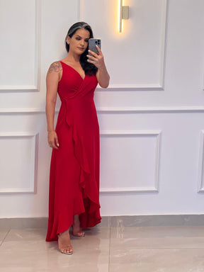 Vestido Longo Mullet Babado- Liso Vermelho 4943