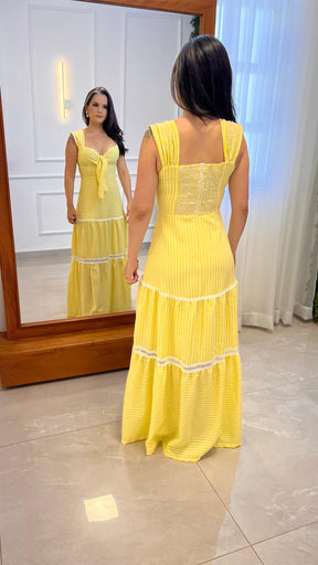 Vestido Longo Amarração Busto Nio- Liso Listras Liso Amarelo 4999