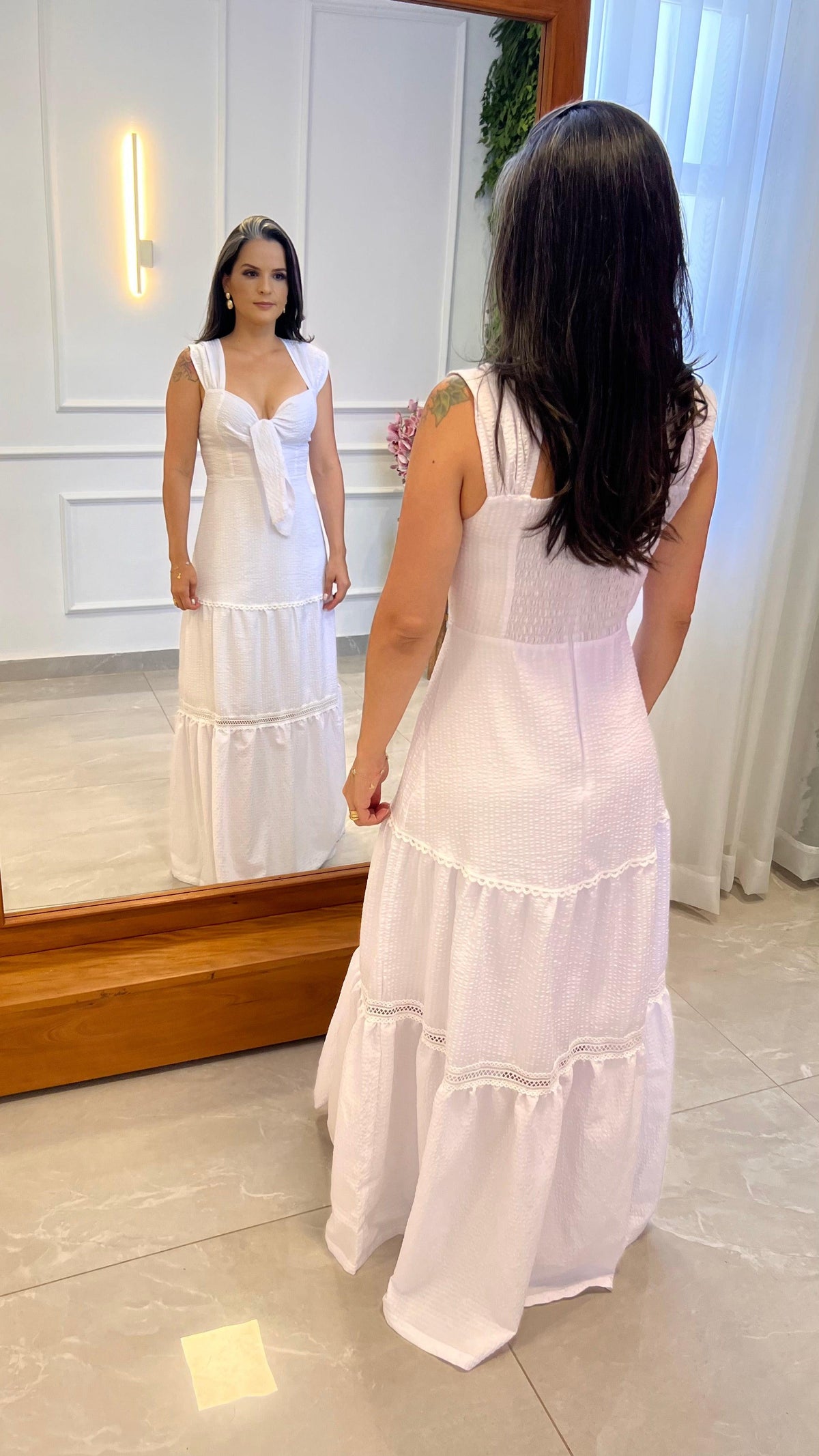 Vestido Longo Amarração Busto Nio- Listras Branco/ Off 4999