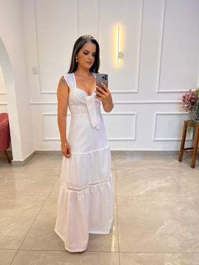 Vestido Longo Amarração Busto Nio- Listras Branco/ Off 4999