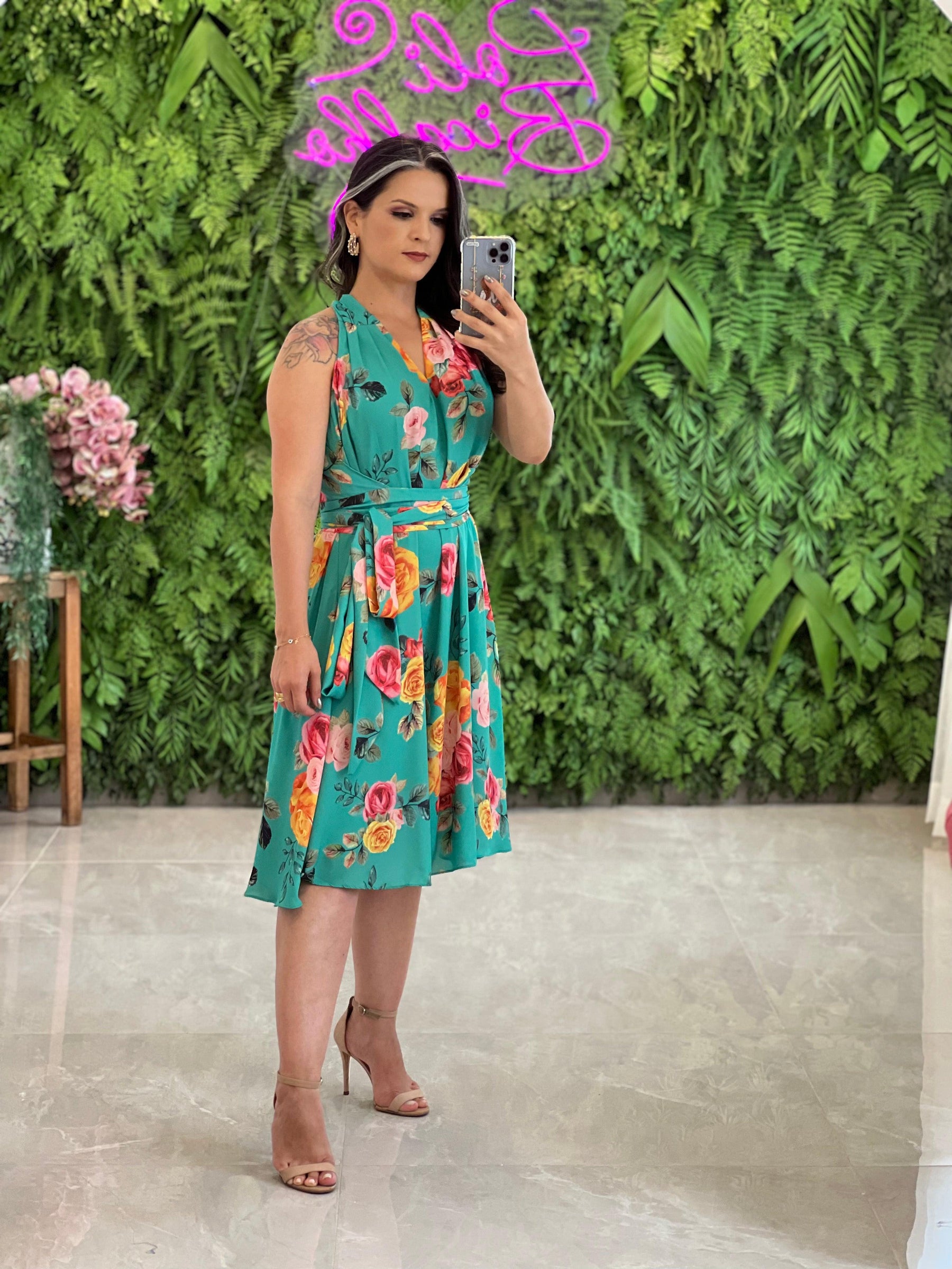 Vestido Midi Conf Tamanho Único Rosas - Estamp 3 Verde 5277