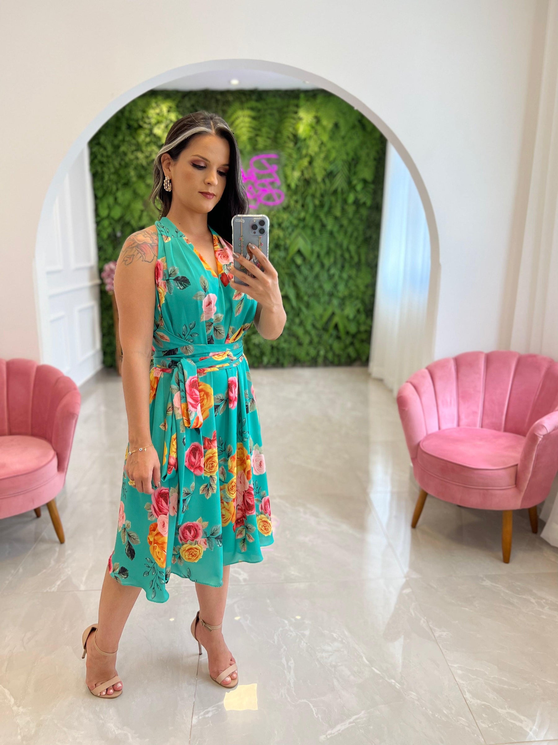 Vestido Midi Conf Tamanho Único Rosas - Estamp 3 Verde 5277