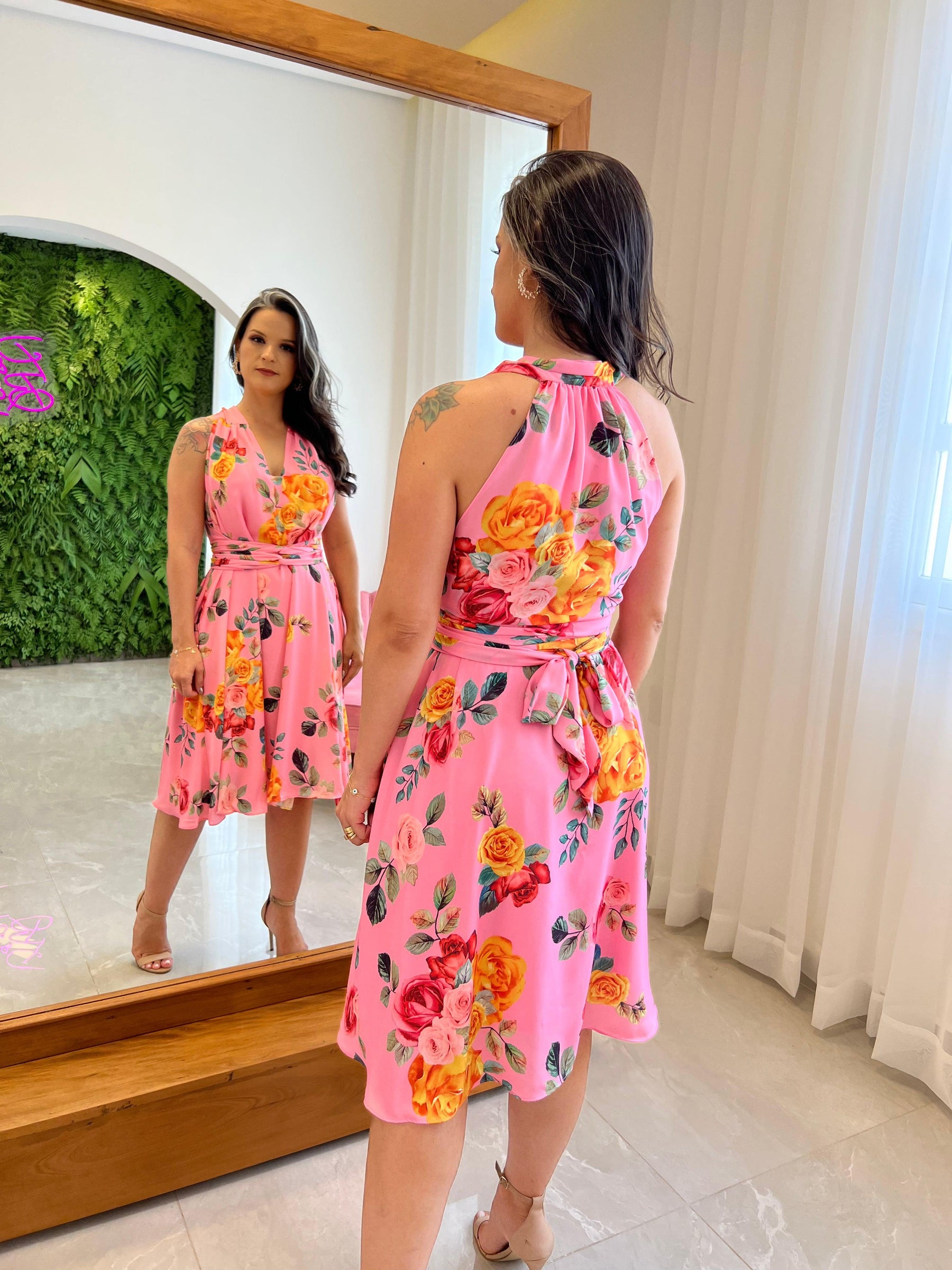 Vestido Midi Conf Tamanho Único Rosas - Liso Estamp 2 Rosa 5277