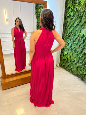 Vestido Longo Conf Tamanho Único Sem Manga Plissado - Fúccia 4480
