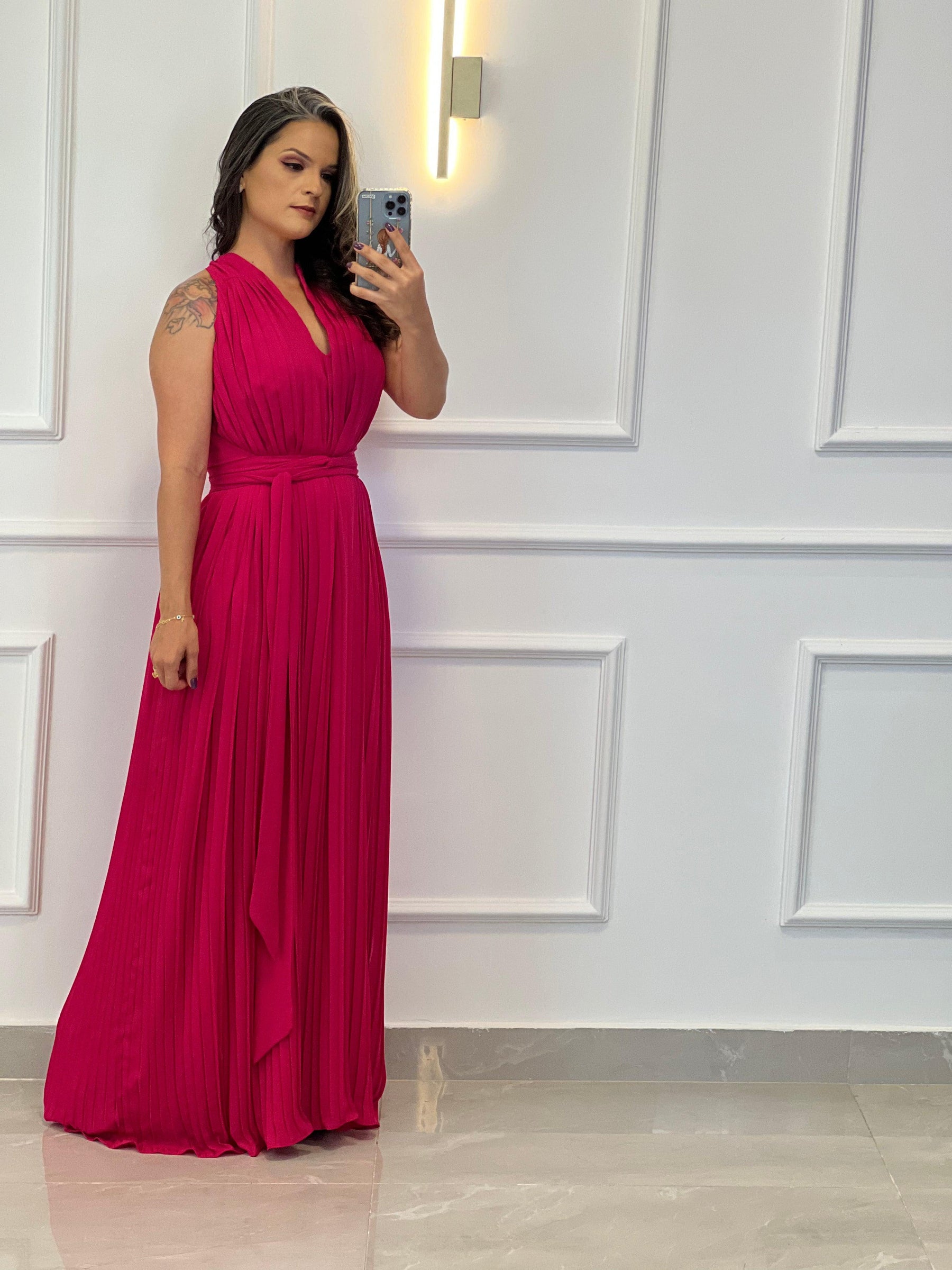 Vestido Longo Conf Tamanho Único Sem Manga Plissado - Fúccia 4480
