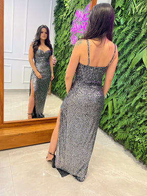 Vestido Longo Paete Alças Finas Fenda - Prata 4226
