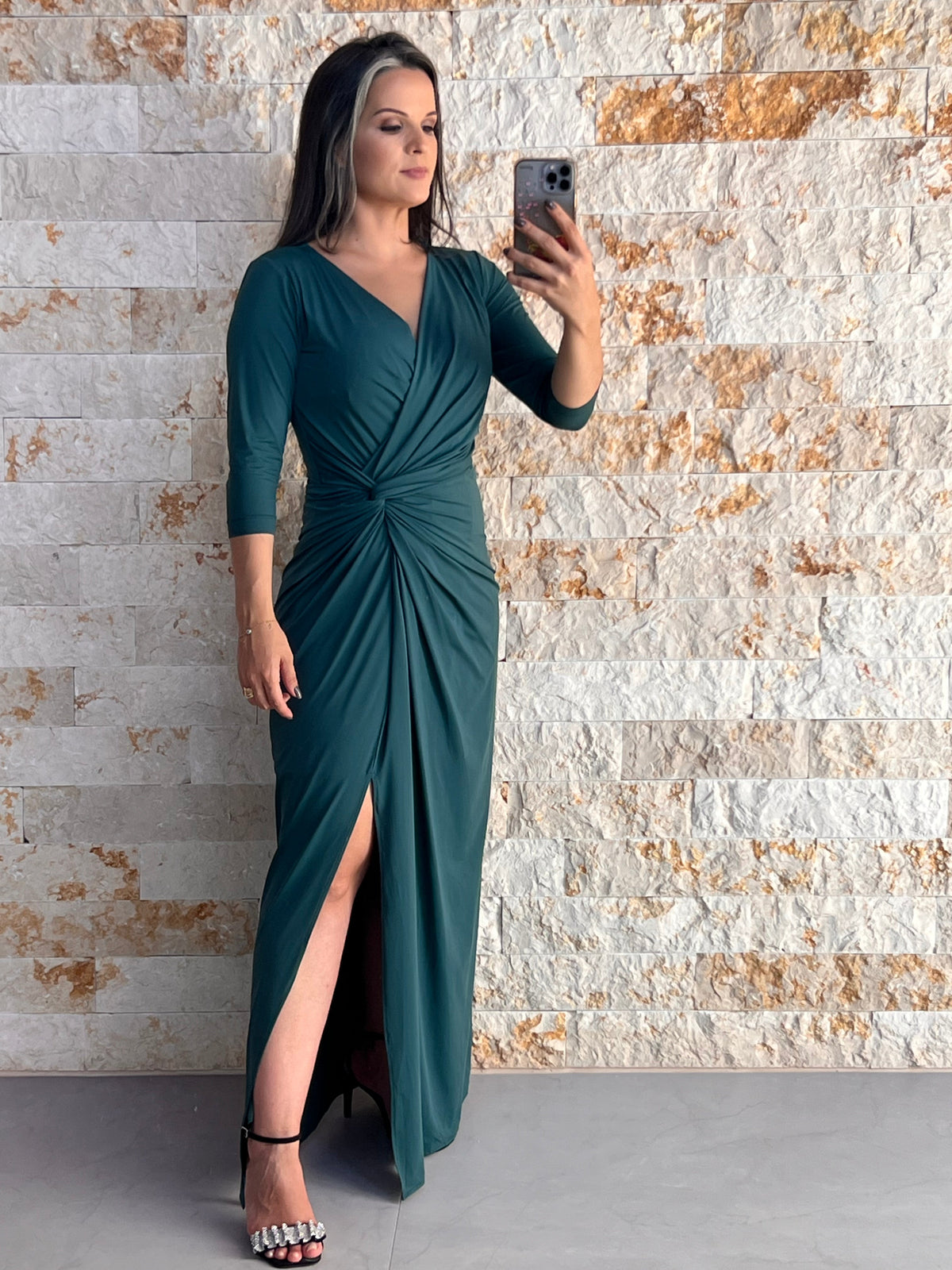 Vestido Longo Jersey Manga 3/4 Nó Cintura- Liso  Verde 5051