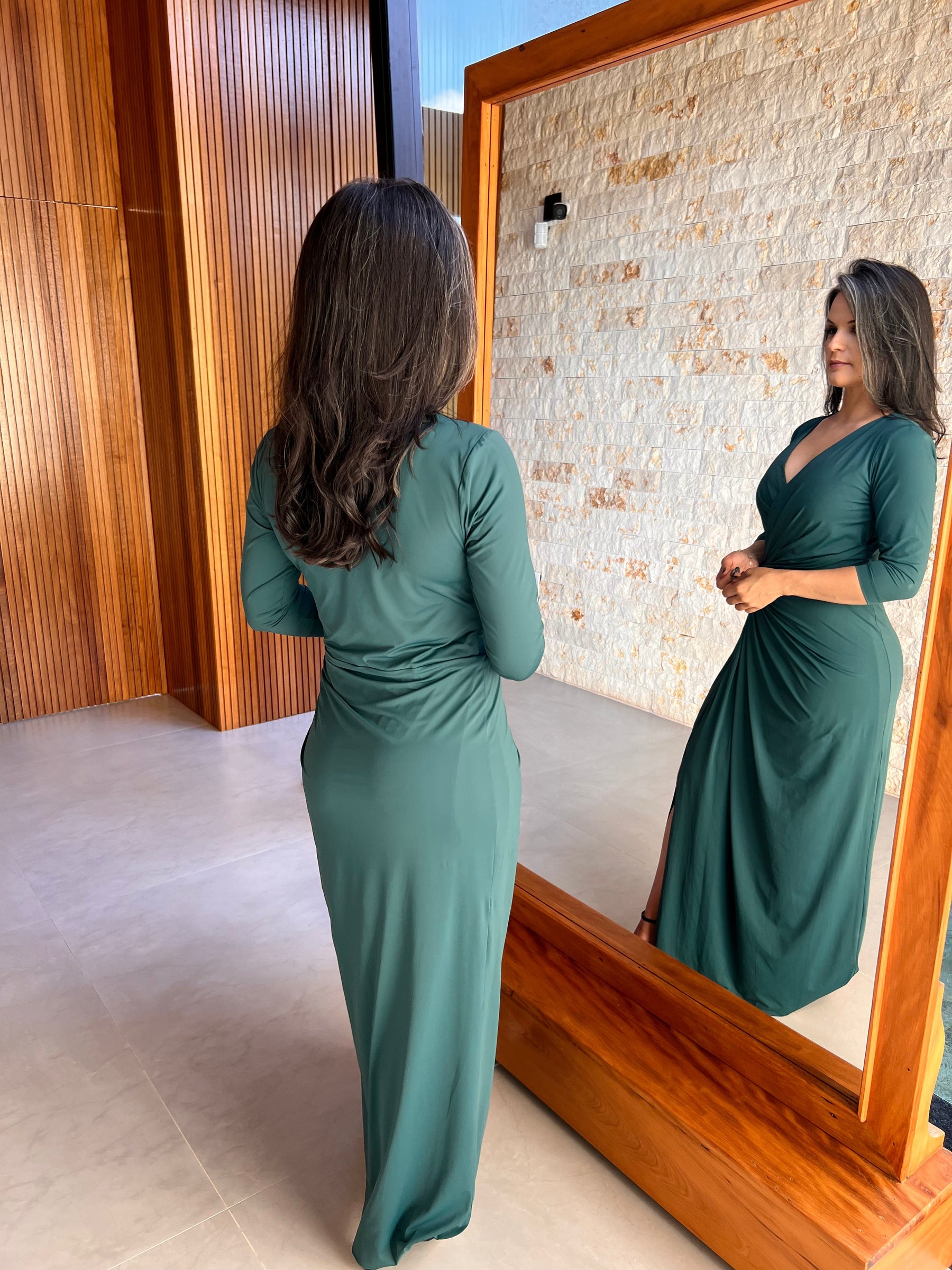 Vestido Longo Jersey Manga 3/4 Nó Cintura- Liso  Verde 5051