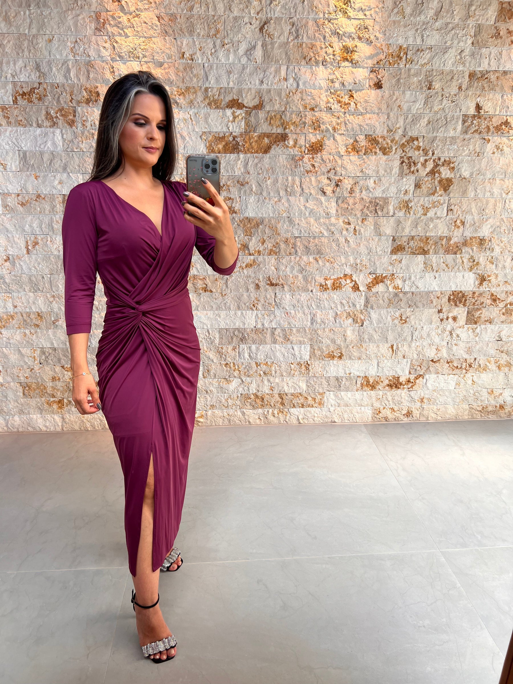 Vestido Midi Jersey Manga Torção Cintura - Roxo 5046