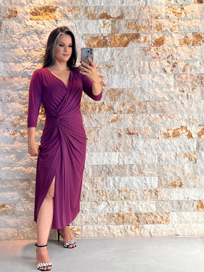 Vestido Midi Jersey Manga Torção Cintura - Roxo 5046