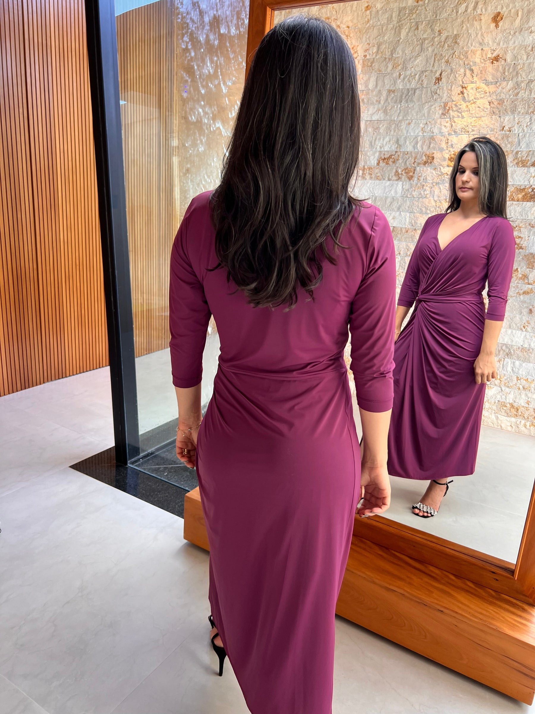 Vestido Midi Jersey Manga Torção Cintura - Roxo 5046