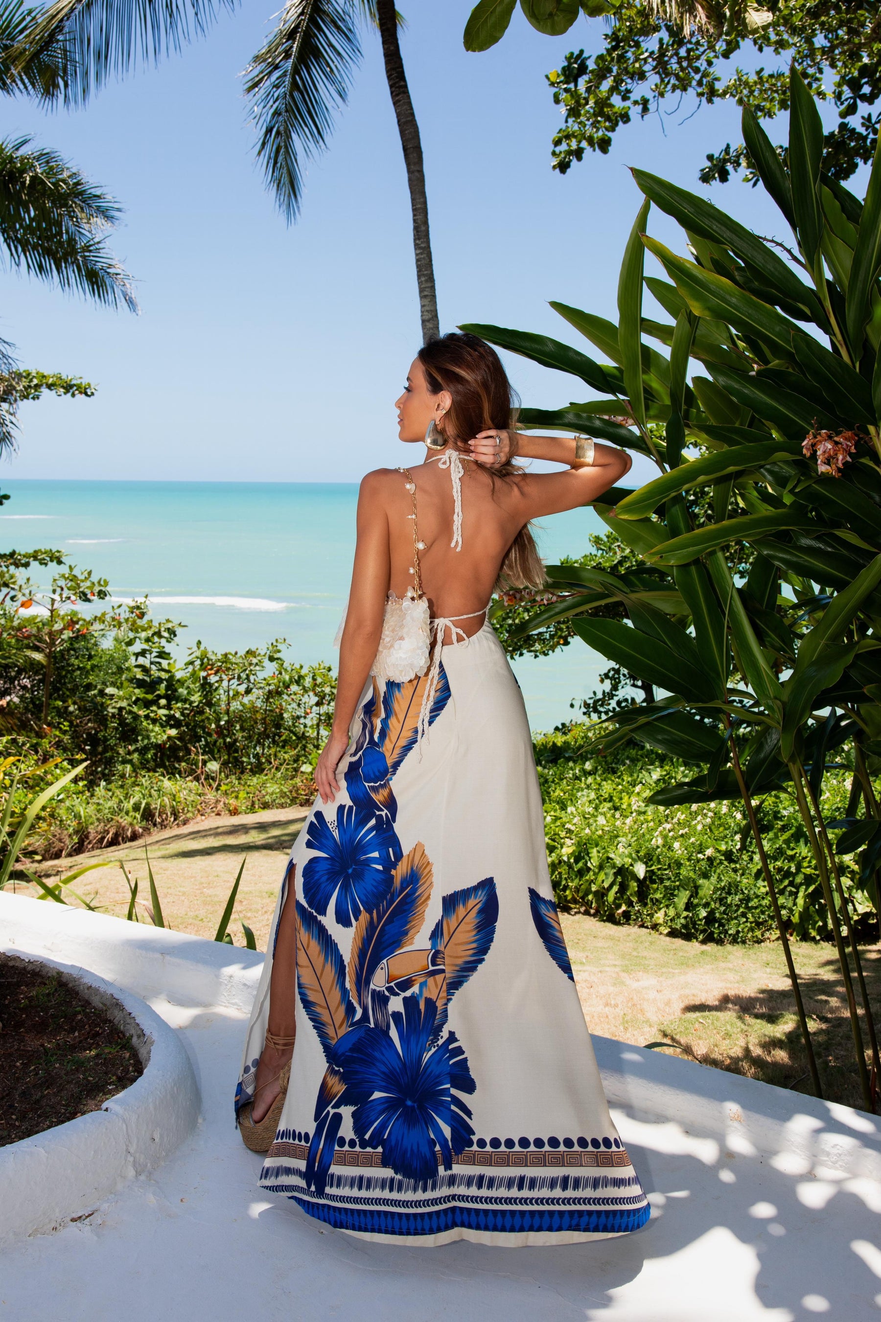 Vestido Longo Busto Crochê Flor Azul Grande ARTE- Estampado 5440