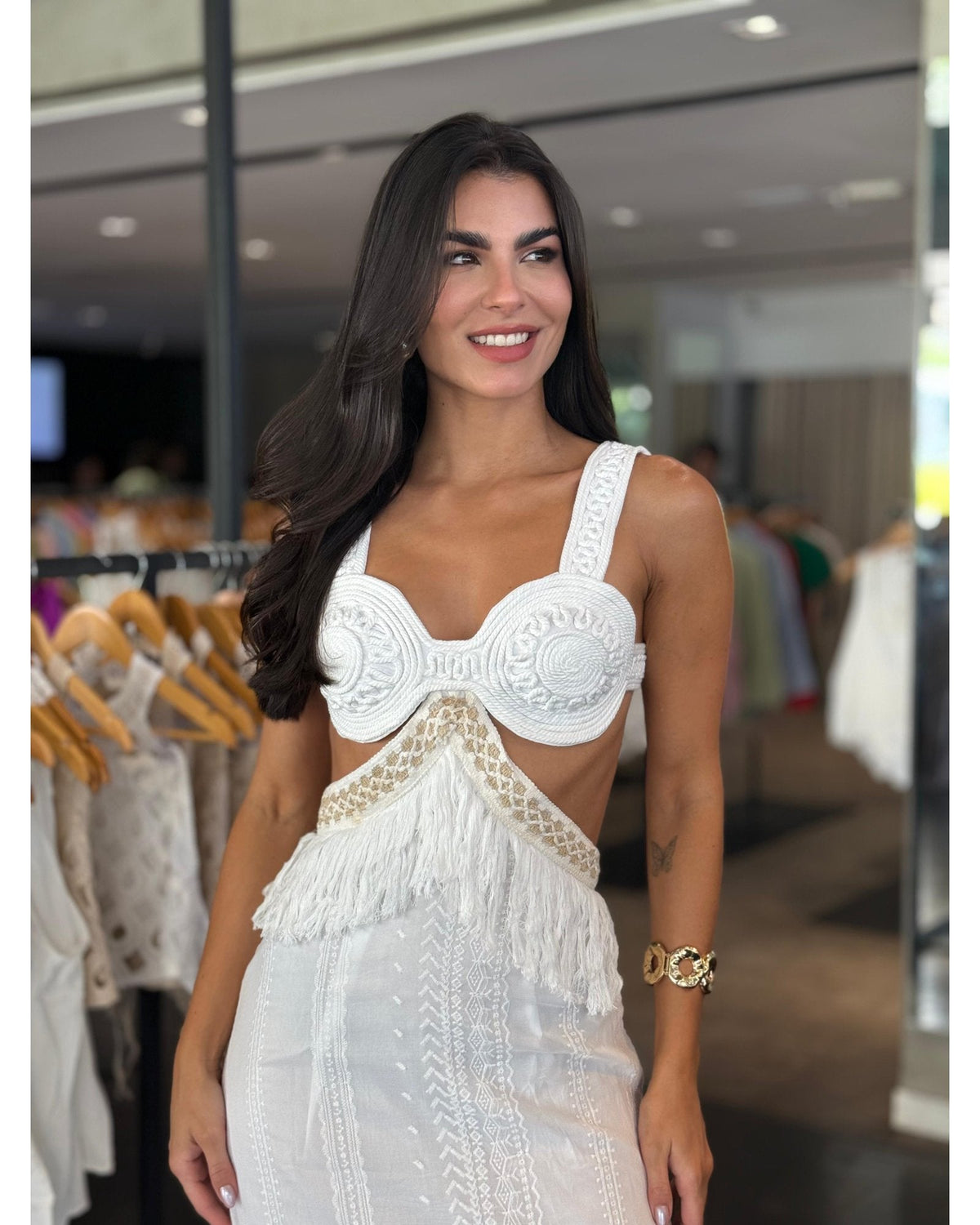 Vestido Longo Recorte Franjas