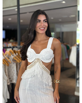 Vestido Longo Recorte Franjas