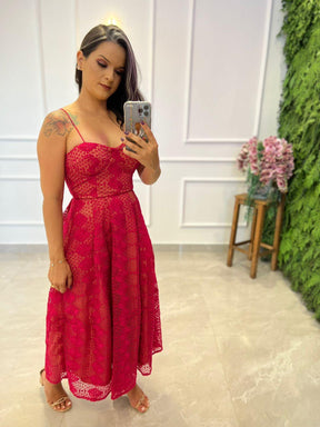 Vestido Midi Alças Finas Renda - Pink 3823