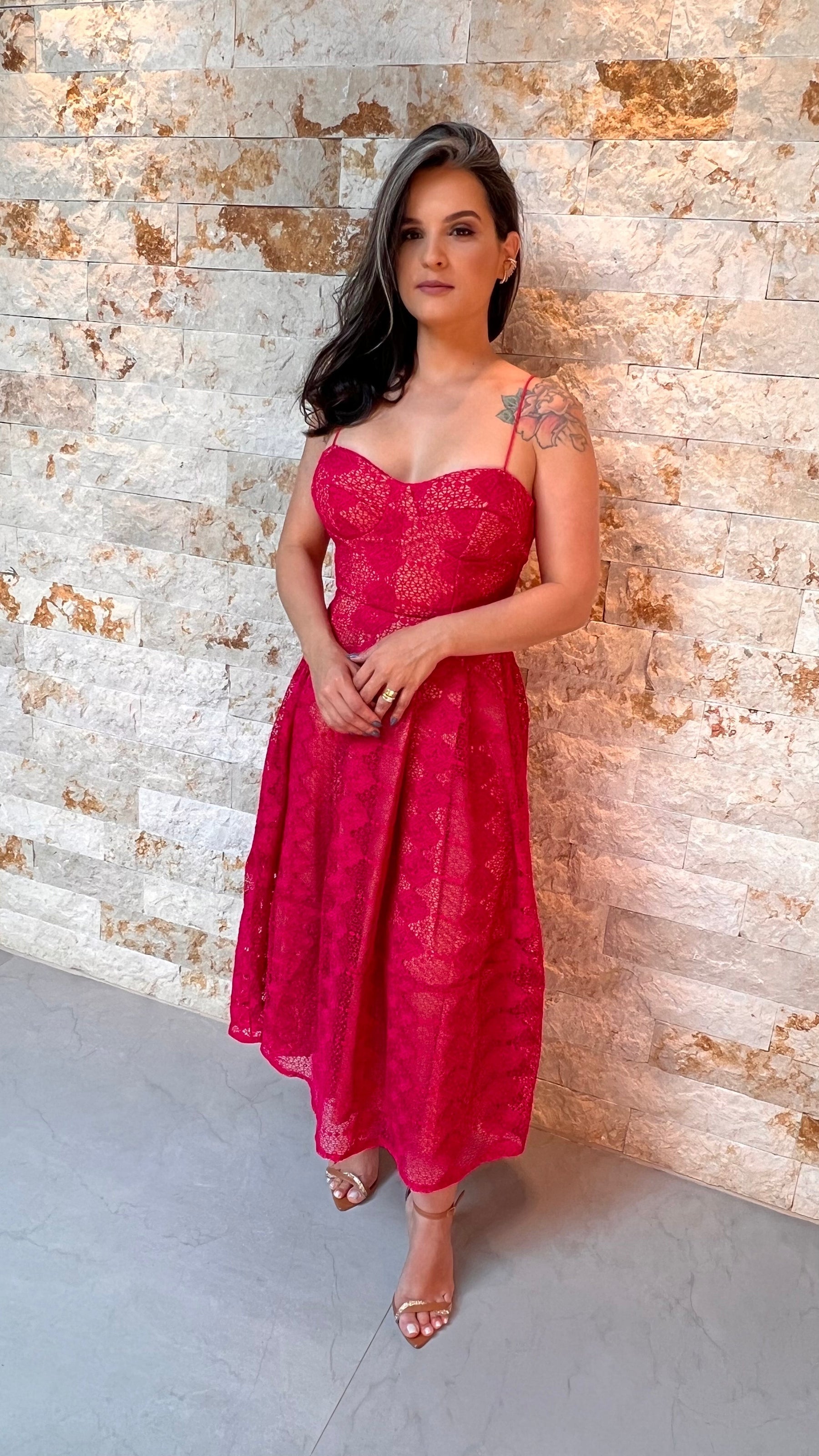 Vestido Midi Alças Finas Renda - Pink 3823