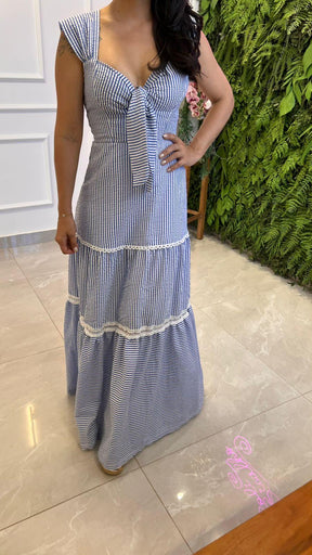 Vestido Longo Amarração Busto Listras Nio- Listra Fina Azul 4999