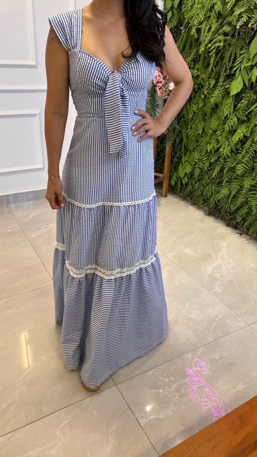 Vestido Longo Amarração Busto Listras Nio- Listra Fina Azul 4999