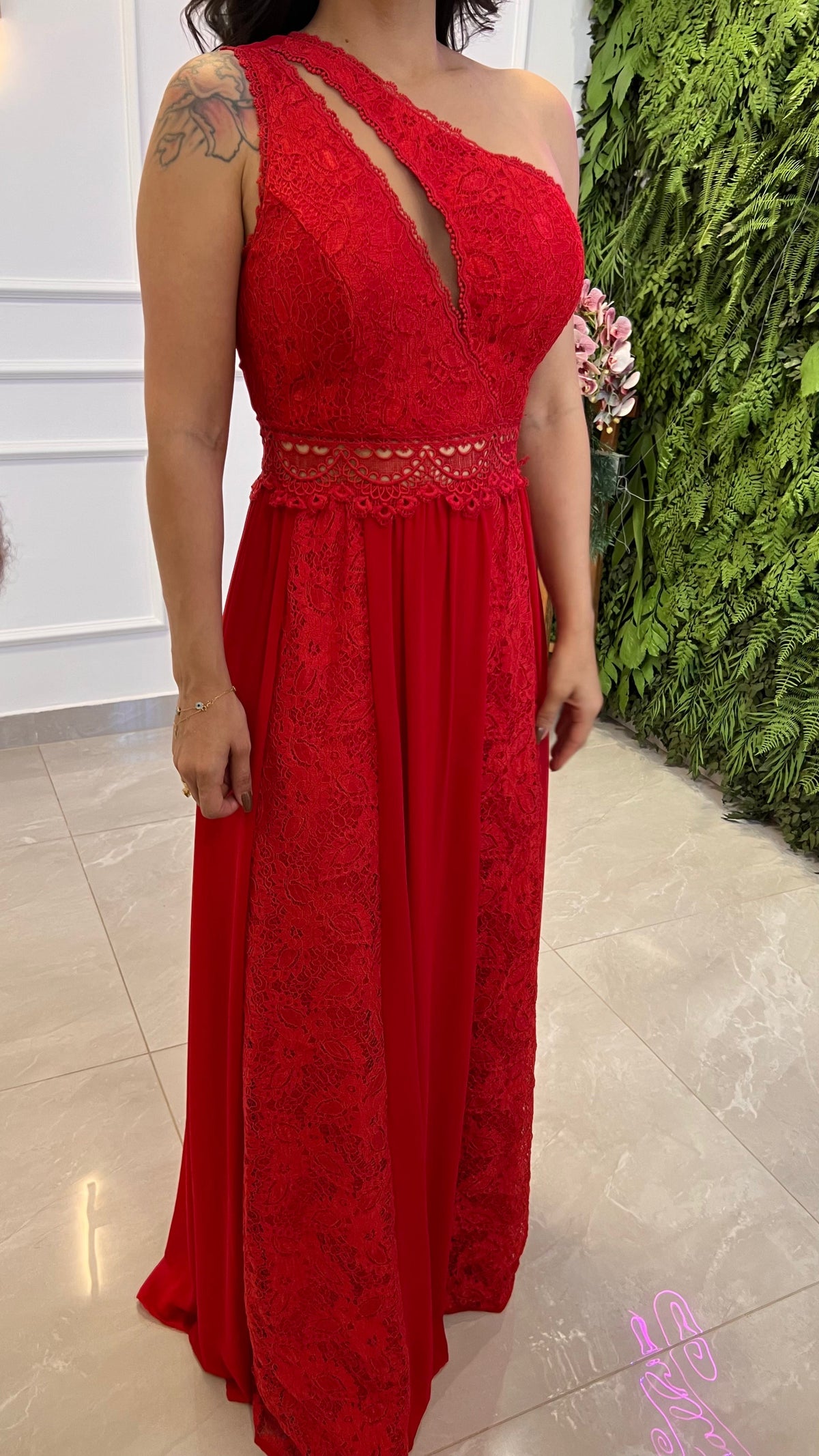 Vestido Longo Renda Musseline - Liso Vermelho 4916