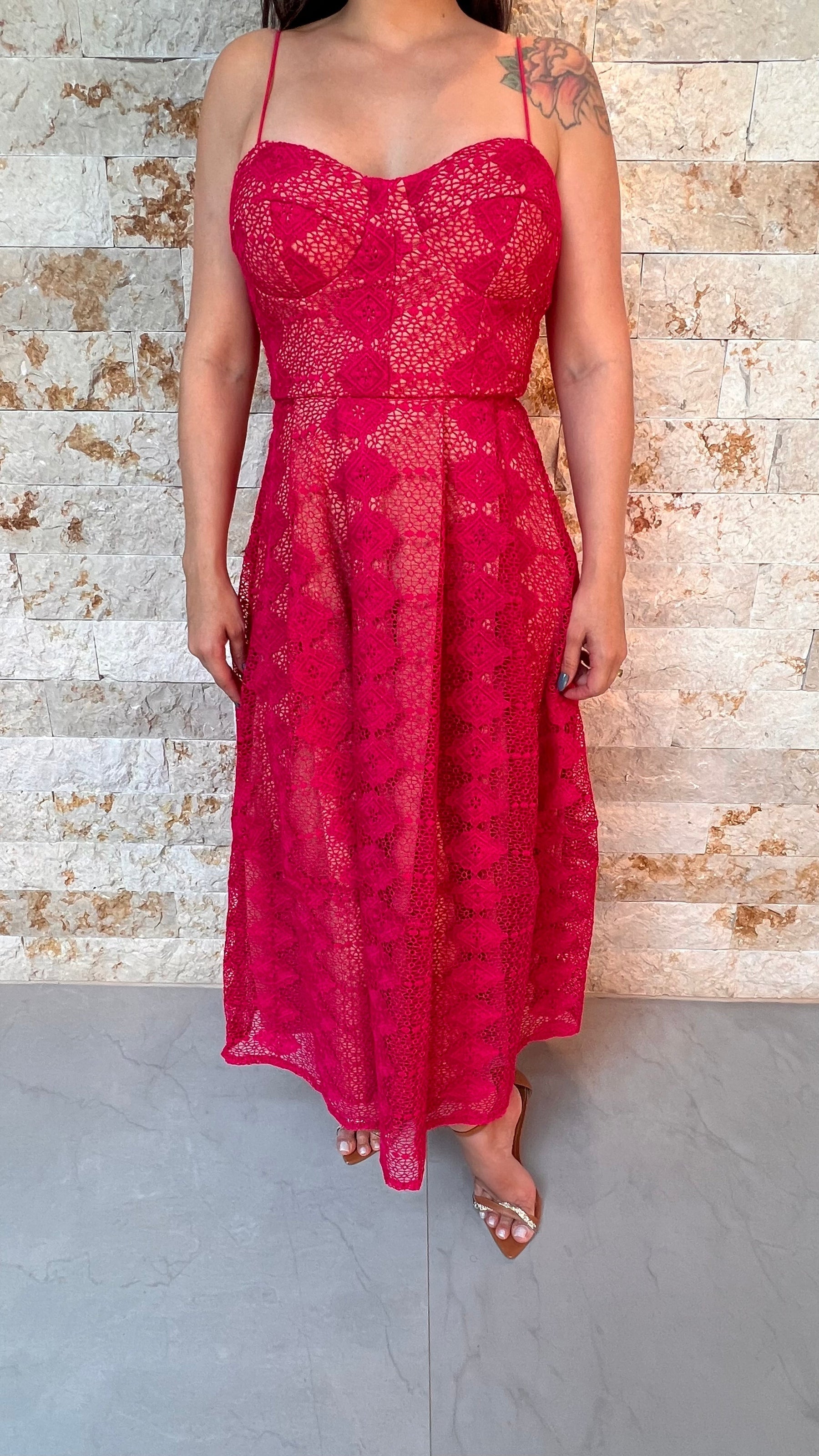 Vestido Midi Alças Finas Renda - Pink 3823