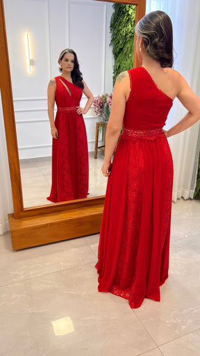 Vestido Longo Renda Musseline - Liso Vermelho 4916